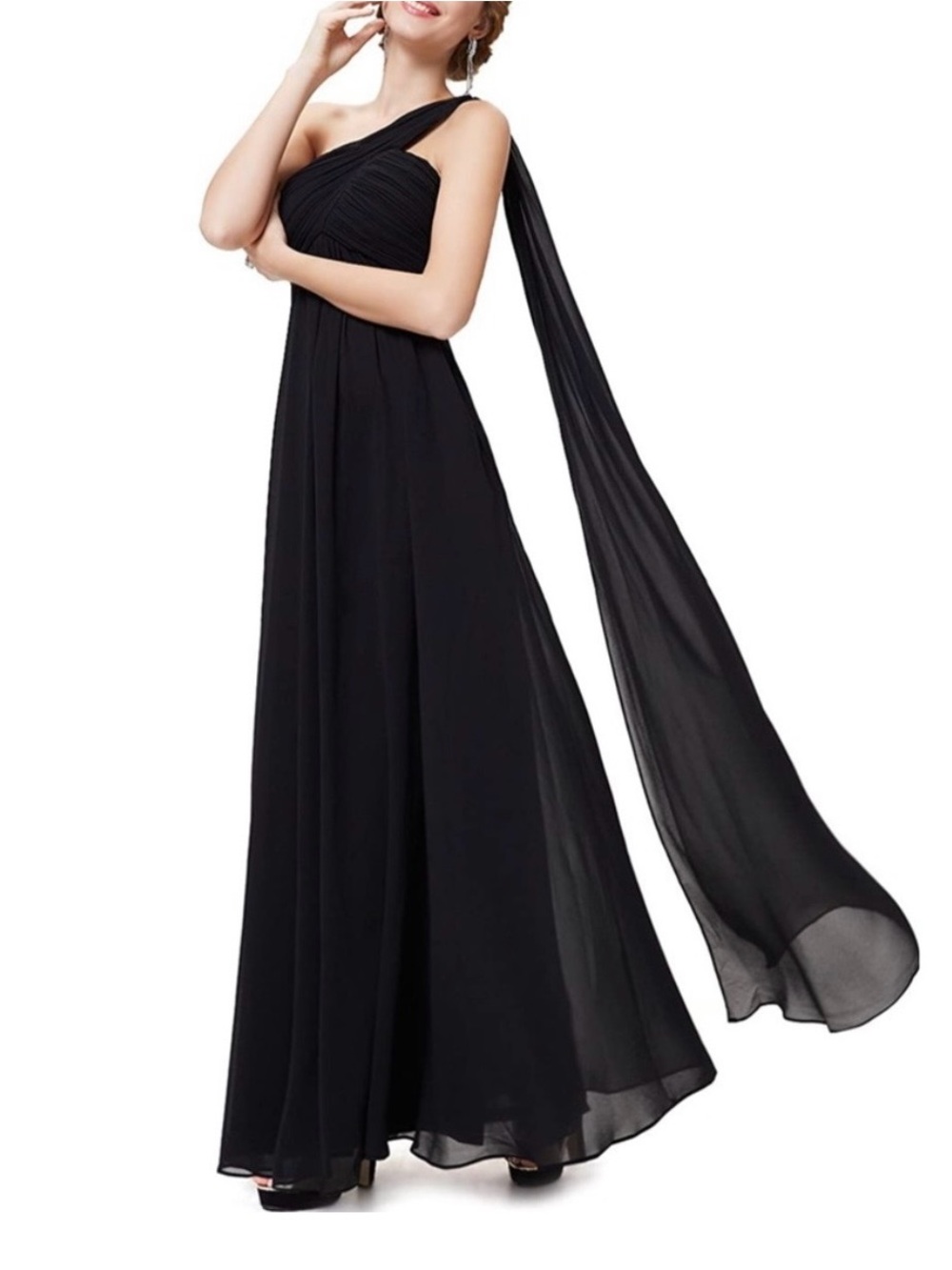 Alex Evenings Elegant One-Shoulder Black Evening Gown Size 16 Wedding Bridesmaid